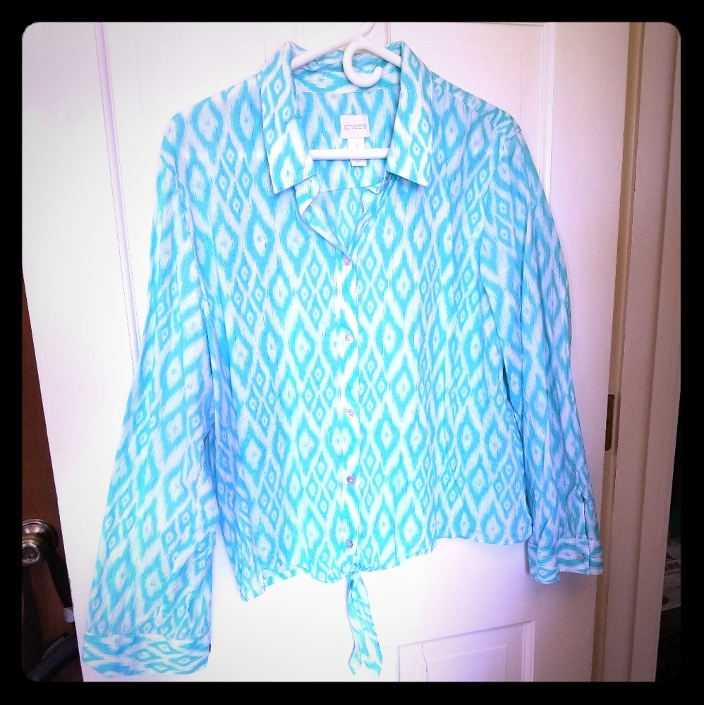 Chico's Blouse Turquoise and White sz 3 womens